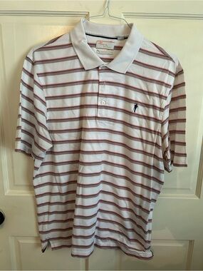 White Polo Shirt with Red Stripes and Navy Embroidery Payne Stewart Large